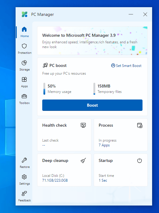 يندرج تطبيق PC Manager ضمن فئة "ادوات تحسين النظام" فهو يقوم بتنظيف الملفات المؤقتة وتحرير الذاكرة الغير مستخدمه والتنقيب في محرك القرص الصلب لتنظيف الملفات غير المستخدمة. ووفقا لما ذكرته مايكروسوفت، يمكنه حتى "تقليل الإعلانات والنوافذ المنبثقه للتطبيقات" 