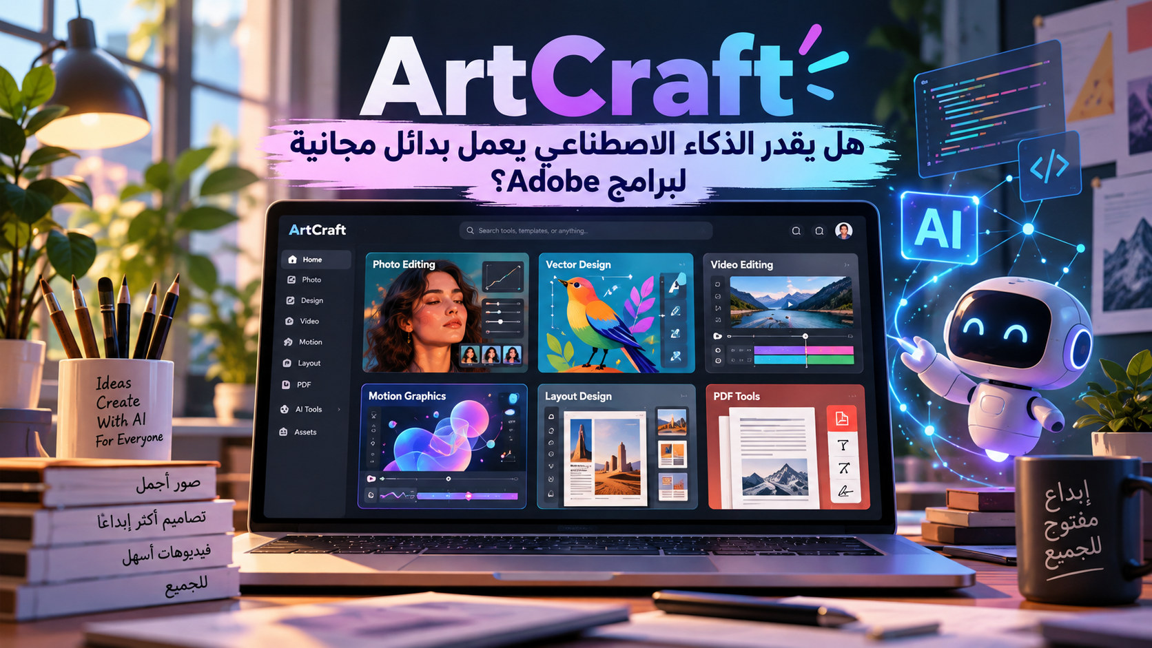 تصميم توضيحي لمشروع ArtCraft وبدائل برامج Adobe بمساعدة الذكاء الاصطناعي