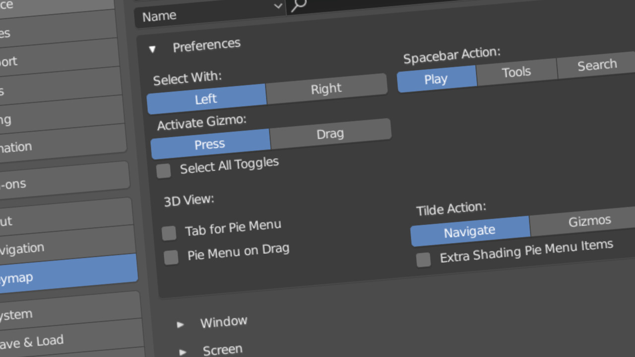 إعدادات واجهة Blender لتخصيص طريقة التفاعل مع البرنامج