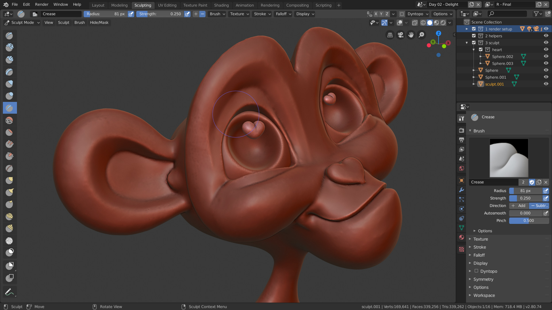 مثال لشخصية ثلاثية الأبعاد وأدوات النحت في مساحة Sculpting داخل Blender