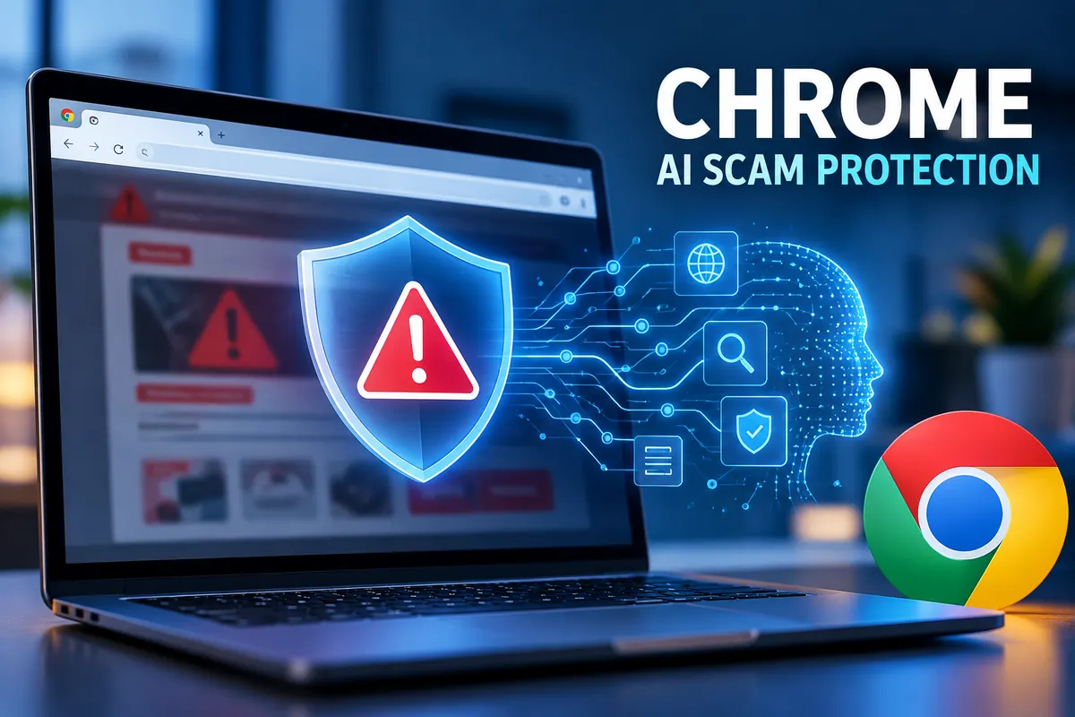 تصميم توضيحي لمتصفح Google Chrome مع رمز درع الأمان والذكاء الاصطناعي في خبر كشف المواقع الاحتيالية باستخدام Gemini