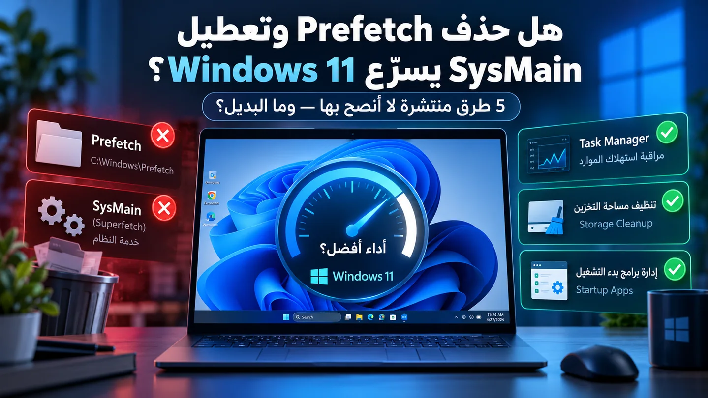 صورة توضيحية عن أخطاء تسريع Windows 11 مثل حذف Prefetch وتعطيل SysMain وبدائل تحسين الأداء الآمنة