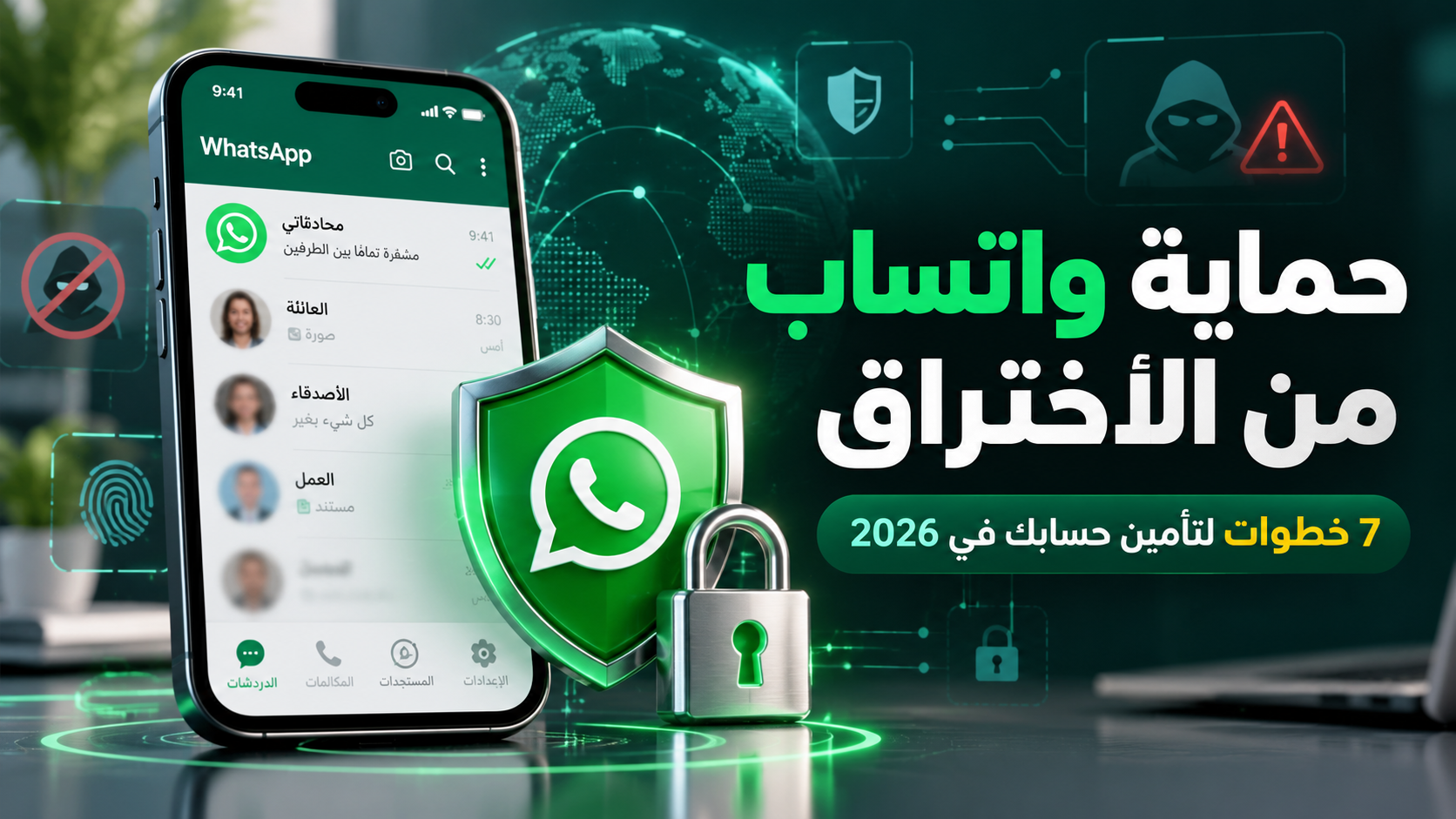 صورة توضيحية لحماية حساب واتساب من الاختراق في 2026 باستخدام القفل والدرع الأمني