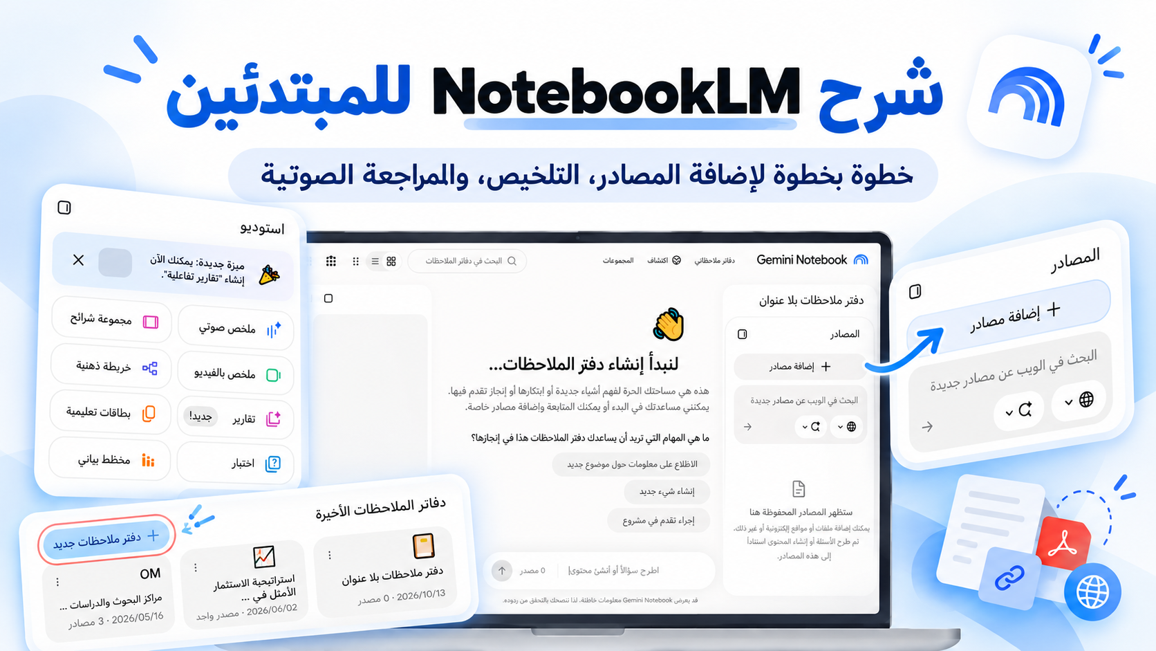 شرح NotebookLM للمبتدئين خطوة بخطوة لإضافة المصادر والتلخيص والمراجعة الصوتية