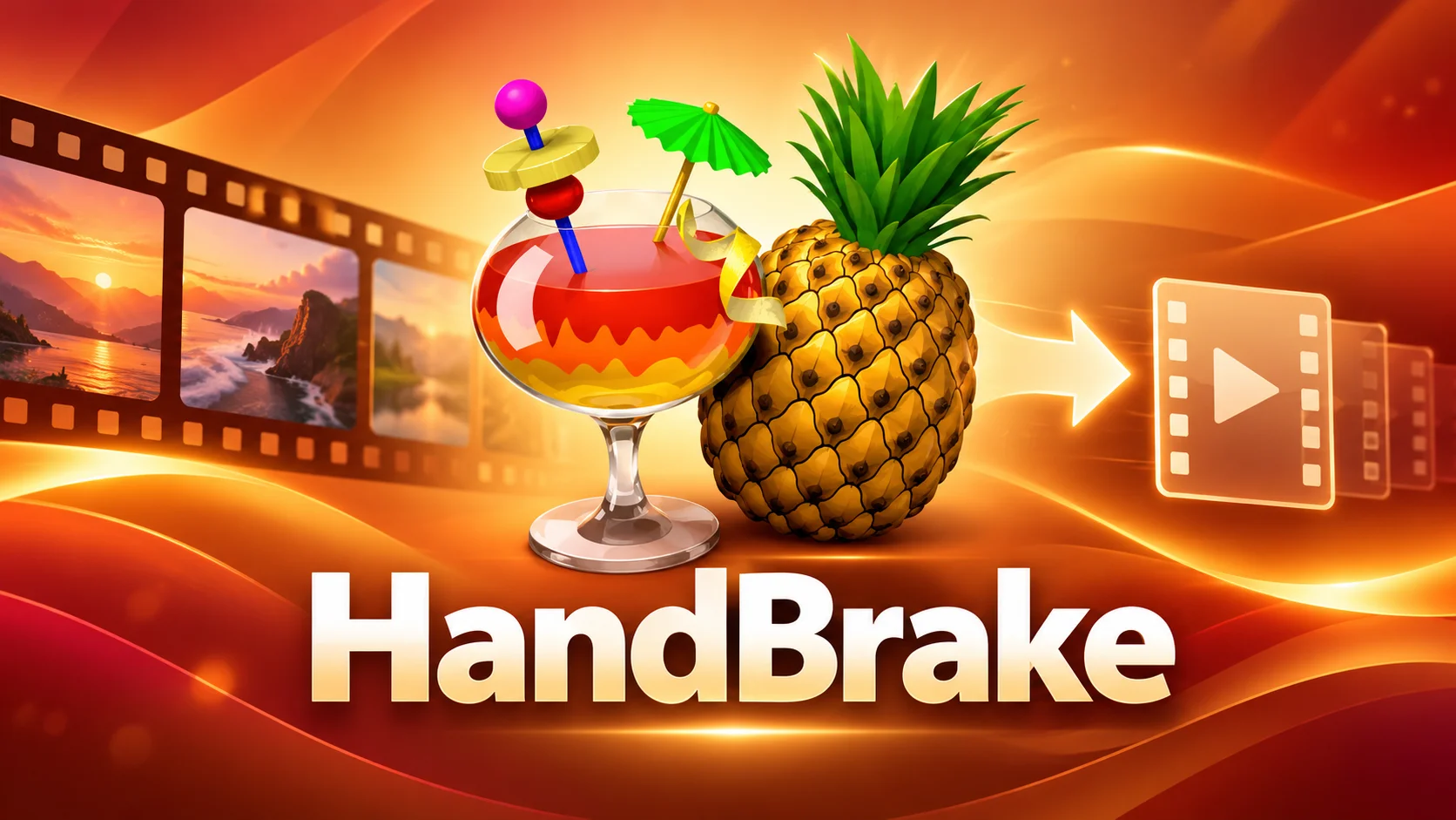صورة بارزة لبرنامج HandBrake تعرض شعار الأناناس وكأس العصير مع تحويل ملفات الفيديو