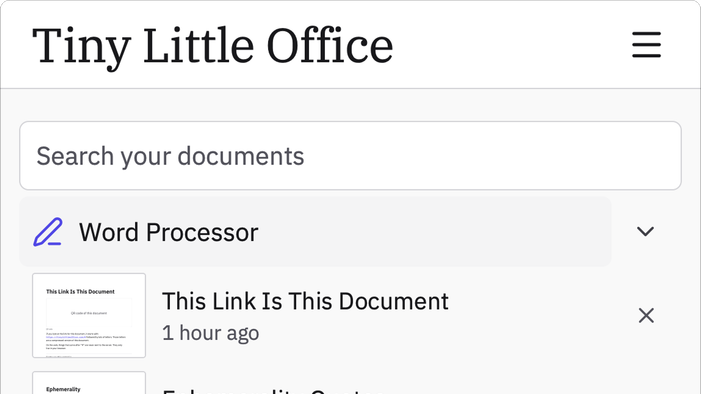 واجهة Tiny Little Office المجانية داخل المتصفح مع عنوان البرنامج وقائمة Word Processor