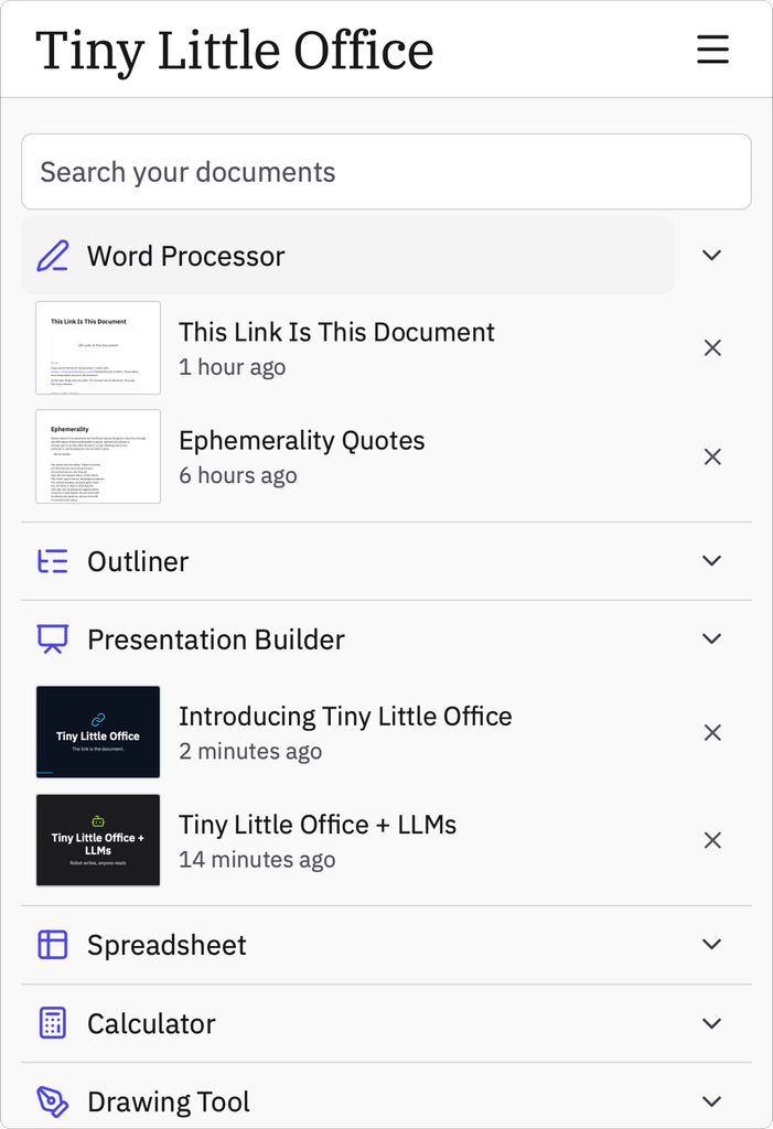 واجهة Tiny Little Office وتطبيقات الكتابة والعروض التقديمية والجداول